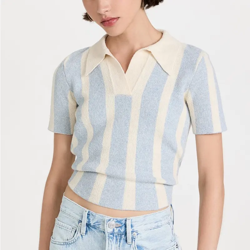 2022 Factory wholesale custom summer polo neck backless stripe short women knit sweater