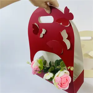 Pure Red Printing Flower Paper Bag Packing Floriculture For Women's Day Gift