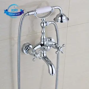 Brass Polished Chrome Dual Handle Bathtub Shower Set Faucet Wall Mounted Telephone Style Tub Mixer Taps With Hand Shower XR7904
