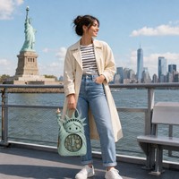 Borsa a tracolla personalizzata con statua della Libertà, stile Ita Bag Kawaii Chibi, verde, con finestra trasparente rotonda e ciondolo a torcia, souvenir di NYC, idea regalo