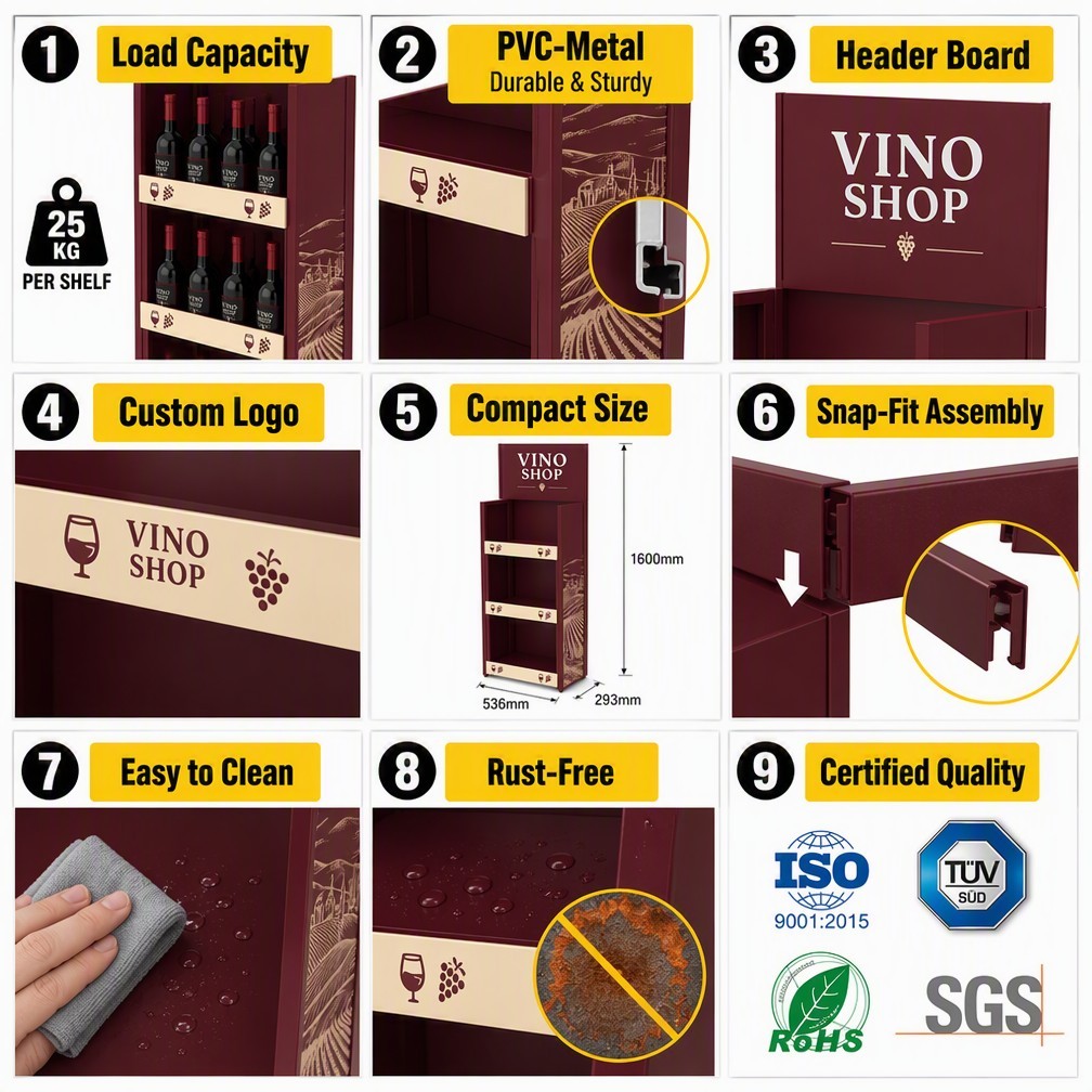 Apache Custom Wine Display Rack 48 Bottles 4-Tier Metal Bottle Merchandiser Knock Down End-Cap Stand for Liquor Shop Retail OEM — view 5