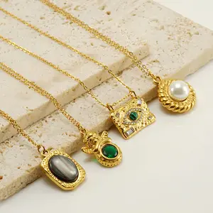 Steel Gold Jewellery Steel Natural Emerald Jade Gem Stone Bracelets Pendant Necklace Charm For Women Men