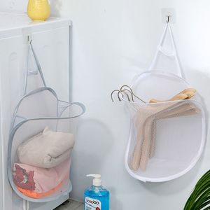 Clothing Organizer Round <b>Wall</b> Mounted Collapsible Mesh <b>Basket</b> <b>For</b> Bathroom Laundry <b>Storage</b> White And Gray - Product Image 1