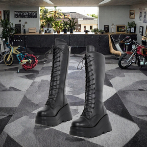 Botas de motociclista góticas de tacón de cuña con cordones, suela gruesa, punta redonda, hasta la rodilla, talla grande, para otoño, al por mayor - Product Image 2
