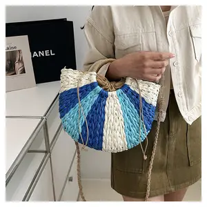 2024 Vrouwen Halve Maan Roeping Stro Tote Regenboog Kleur Stro Mand Tas Nieuwe Aankomst Ontwerp Sacoche Multi Color Shell Tas