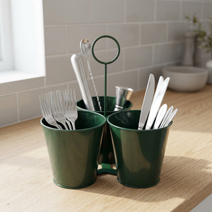 Green Iron Ironware Organizer Metal Utensil Holder Powder Coated 3 Section Modern Table Top Tableware Rack Home <b>Kitchen</b> Dining - Product Image 3