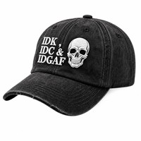Gorra de Béisbol Unisex Negra de Mezclilla con Logotipo Bordado de Calavera IDK IDC IDGAF, Ajustable, Estilo Urbano