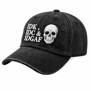 Gorra de Béisbol Unisex Negra de Mezclilla con Logotipo Bordado de Calavera IDK IDC IDGAF, Ajustable, Estilo Urbano - Product Image 1
