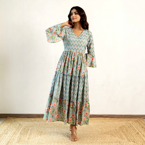 Robe longue à imprimé floral, col en V, coupe trapèze, manches lanternes, style bohème, tissu tissé respirant, robe décontractée de printemps pour femme - Product Image 1