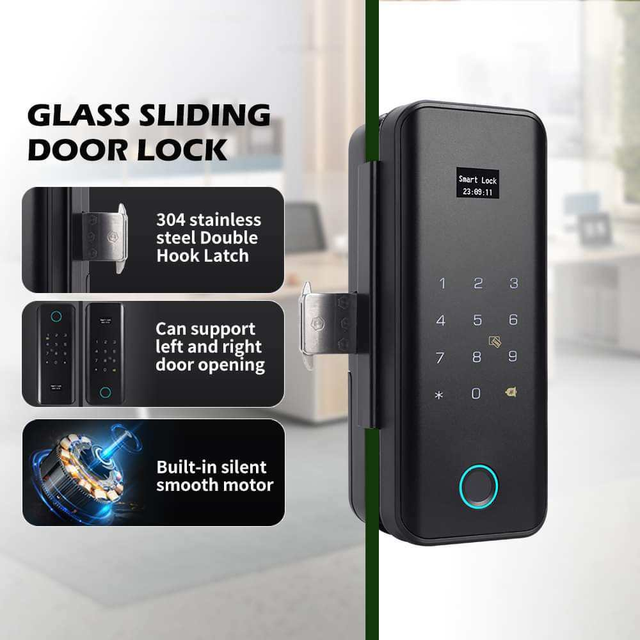 TUYA WIFI Aluminum Alloy TT LOCK Glass Door Smart Lock with Fingerprint Card Password Key App & Remote Control-Black