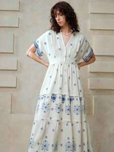 Vestido Maxi Mexicano Más Vendido de Moda 2025, 100% Algodón Tejido, Bordado con Pavo Real Colorido, Estilo Vintage, Vestido Hippie Folclórico - Product Image 2