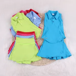 Girls Yoga Tennis Golf 2 Piece Set Sports Crop Pleated Skirt Set