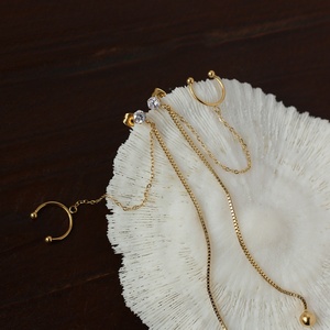 Best Gift Long Box Chain <b>Ear</b> <b>Cuff</b> White Crystal Gold Plated Stud <b>Earrings</b> for Her - Product Image 5