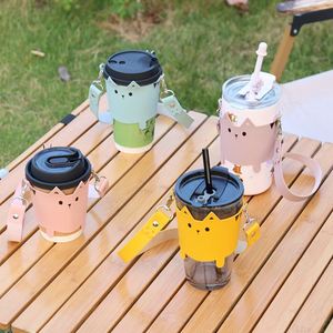 ปลอกหุ้มแก้วกาแฟหนัง PU แบบใช้ซ้ำได้ ที่ใส่แก้วน้ำลายแมวน่ารัก พร้อมสายสะพาย - Product Image 2