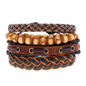 Conjunto de pulsera de cuero negro multicapa para hombre, accesorios Vintage, pulsera de búho con hoja de ancla, 3 a 4 Uds., venta al por mayor, nuevo