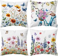 4 housses de coussin vintage à fleurs, motif de papillon et de vélo coloré, adaptées à la décoration de la maison et de la terrasse