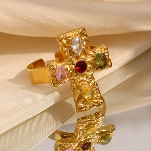 18K Pvd Gold Plated Hammered Cross Cz 316L Stainless Steel Waterproof Hypoallergenic Adjustable <b>Statement</b> <b>Ring</b> For Women - Product Image 5