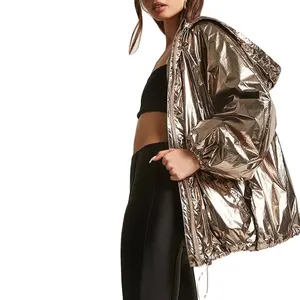 가을 라글란 슬리브 하이 샤인 폴리 에스터 여성 골드 메탈릭 경량 아웃웨어 후드 자켓