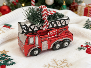 Ornement de Noël en verre en forme de camion de pompiers, décoration rouge soufflée à la main pour l'arbre de Noël, cadeau idéal pour les pompiers - Product Image 1