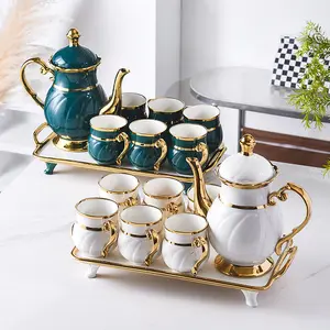 Vintage Ceramic Tea Cup Set With Teapot Gold Porcelain Luxury 8pcs Rim White Pink Green Yellow Customized Logo Europe 6 Set