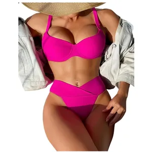 Customized Swimsuit Women Underwire Bikini High Cut V Notch Smocked Swimwear Push Up Swimming Suits Two Piece Bikini 2024