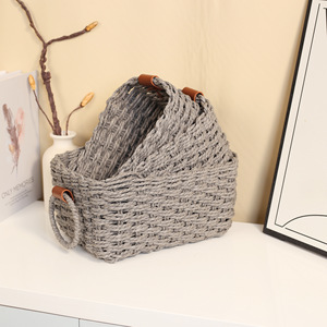 Ensemble de 3 paniers de rangement tressés à la main avec poignées en cuir marron, bac de rangement pour la décoration de la maison - Product Image 4