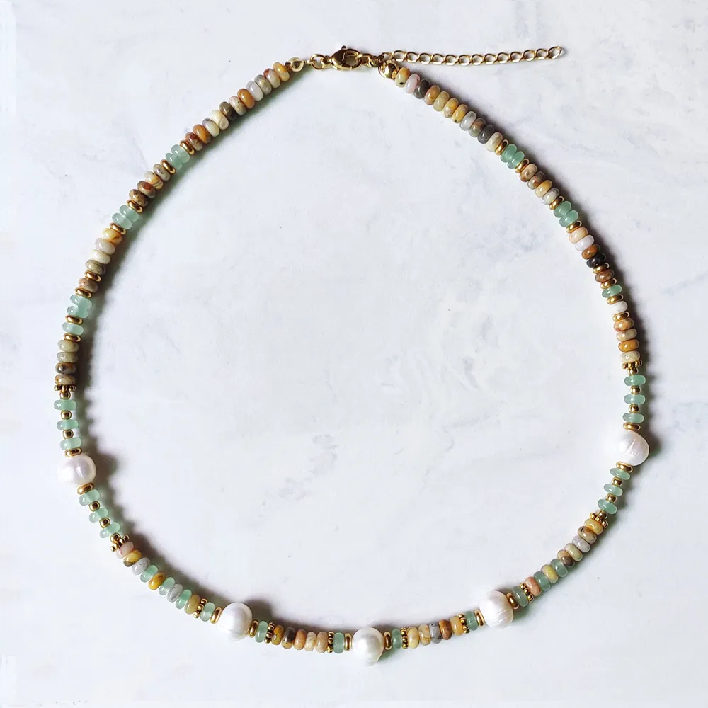 Handmade Natural Stone Flat Beads Freshwater Pearl Mixed Necklace Crazy Agate Green Agate Collar