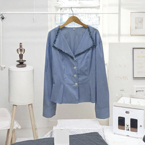 Chemisier rayé bleu pour femme, manches longues, col rabattu, simple boutonnage, taille ajustée, chemise décontractée pour le quotidien - Product Image 3