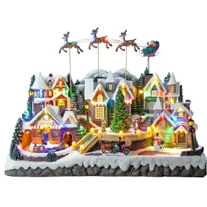 Wholesale Led Musical Xmas Flying Sleigh Scene Model Figurine Christmas Village House With Rotating Christmas Tree