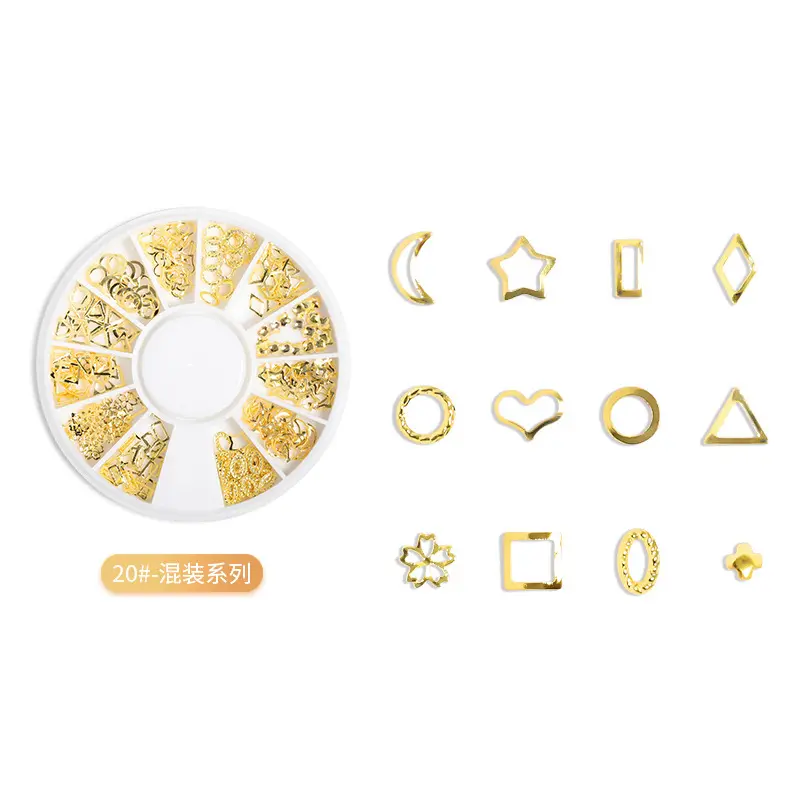 Decoración de uñas de reina de fiesta 12 estilos formas Nail Art Jewelry Nail Charms Gold Metal Rivet 3D pegatina de gel de sílice