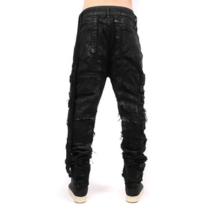 Jean en denim ciré noir pour homme, coupe slim, effet vieilli, patchwork, streetwear avant-gardiste, style punk empilé, pour le <span class=keywords><strong>rock</strong></span> gothique - Product Image 3