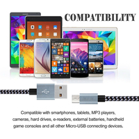 Kabel Data Pengisian Daya USB2.0 Micro 5pin V8 Nylon Kepang Berkualitas Tinggi 3ft 6ft untuk Ponsel Android