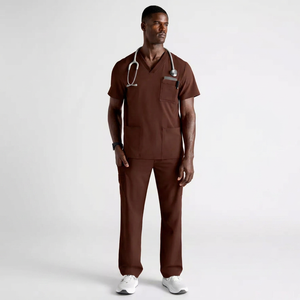 Men V Neck <b>Scrub</b> Set Brown 5 Pocket Top 10 Pocket Pants Hospital <b>Uniform</b> Spandex/Polyester Woven Needle Detection Seamless - Product Image 1