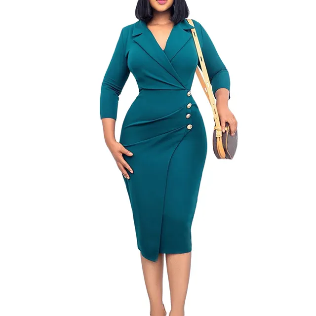 2023 New Arrival Big-size Form-fitting Career Office Pencil Casual Skirt V-neck Long Sleeve Elegant Women Summer Sexy Dress