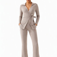 Ensemble deux pièces en tricot côtelé pour femme, col plat, manches longues, style long, automne-hiver, Noël, viscose, personnalisable OEM & ODM
