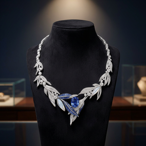 Collar de zafiro chapado en rodio para mujer con diseño de hoja con diamantes incrustados, conjunto de joyería clásico para boda - Product Image 2