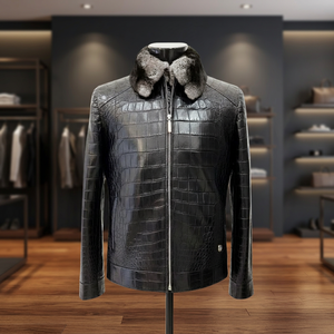 Veste en cuir véritable pour homme, motif crocodile, fermeture éclair, col en fourrure, manteau d'hiver - Product Image 4