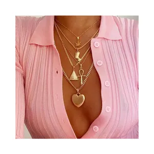 Hot Sales Fashion Statement Vrouwen Mannen Gelaagd Hart Ketting Sieraden Custom Esdoorn Blad Goud Kruis Hanger Egypte Ketting