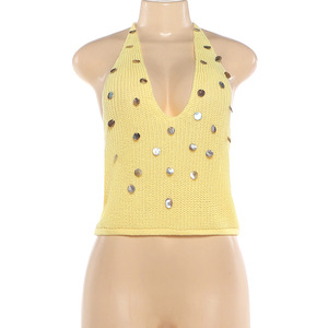 907 Spring New Women's Fason <b>Sequins</b> Sey Backless Vneck Anging Neck Woolen <b>Top</b> - Product Image 6