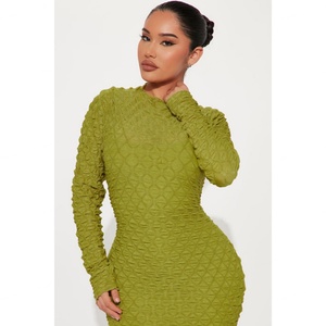 Vestido Casual de Mujer OEM de Alta Calidad, Texturizado, Maxi, de Manga Larga, con Forro Elástico y Cuello Alto Simulado - Product Image 4