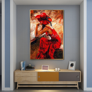 Fabrieksprijs Elegante Dame Portret Schilderij Op Canvas Handgeschilderde Moderne Rode Hoed En Jurk Vrouwen Bij Het Raam Figuur Schilderij - Product Image 3