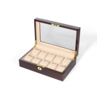 Boîte de rangement pour 10 montres en bois d'ébène rouge de luxe, finition brillante, doublure en daim camel, construction en MDF, verrouillable, anti-poussière