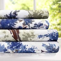 Parure de draps en microfibre 4 pièces motif arbre bleu : drap-housse, drap plat, taies d'oreiller