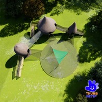 Structure de jeu commerciale en forme de grappin de chêne avec tour de briques, rampe jaune, tunnel en filet, filet circulaire suspendu et équipement de parc bleu sarcelle