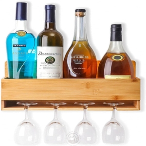 Moderno Botellero Flotante de Bambú para Pared con Soporte para Copas y Colgador para Cocina, Comedor y Bar para Botellas de Vino y Bebidas - Product Image 1