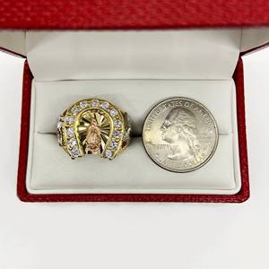 14K chapado en oro herradura Virgen María señora Guadalupe CZ anillo de la suerte para hombres él joyería religiosa única - Product Image 3