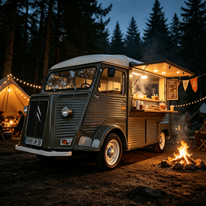 Remolque de Comida Eléctrico Retro Personalizado Citroën con Parrilla de Carbón Comercial para Acampar en el Bosque - Product Image 1