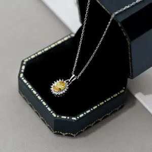 Hot Sale Jewelry Gifts Women Girls 925 Sterling Silver Cubic Zircon Necklace Halo Oval Yellow Crystal Pendant Necklace