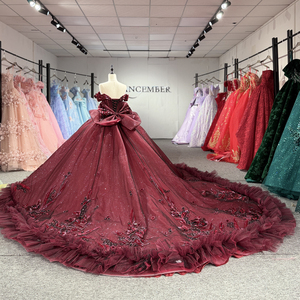 Dy8573 Elegant Wine <b>Red</b> Princess Quinceanera Ball Gown Appliques <b>Glitter</b> Chiffon Floral Embroidery Natural Shoulder Lace Dress - Product Image 5