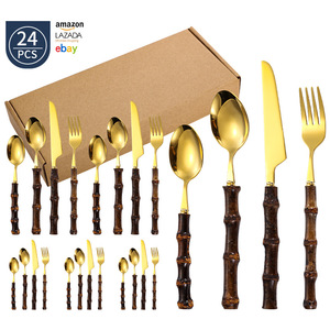 Juego de cubiertos de acero inoxidable de 24 piezas con mango de bambú, cubiertos dorados para mesa, vajilla para el hogar, hotel, juego de regalo. - Product Image 1